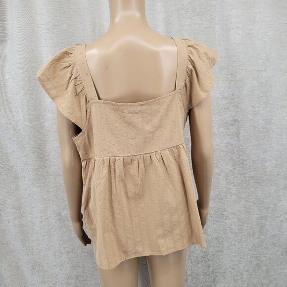 Mine Cotton Embroidered Tan Peasant Flutter Sleeve Boho Women's Top - Picture 6 of 10
